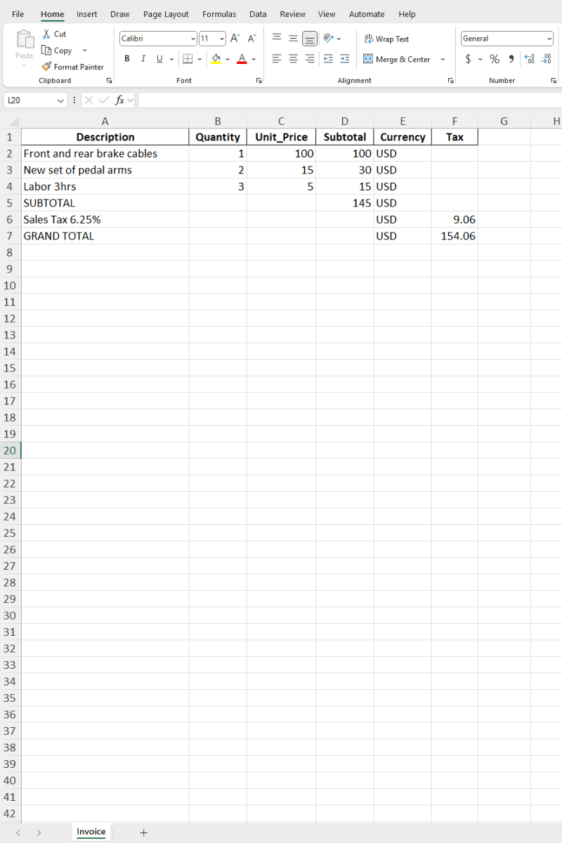Vendor invoice data converted to Excel spreadsheet with organized columns for items, prices, tax, and totals