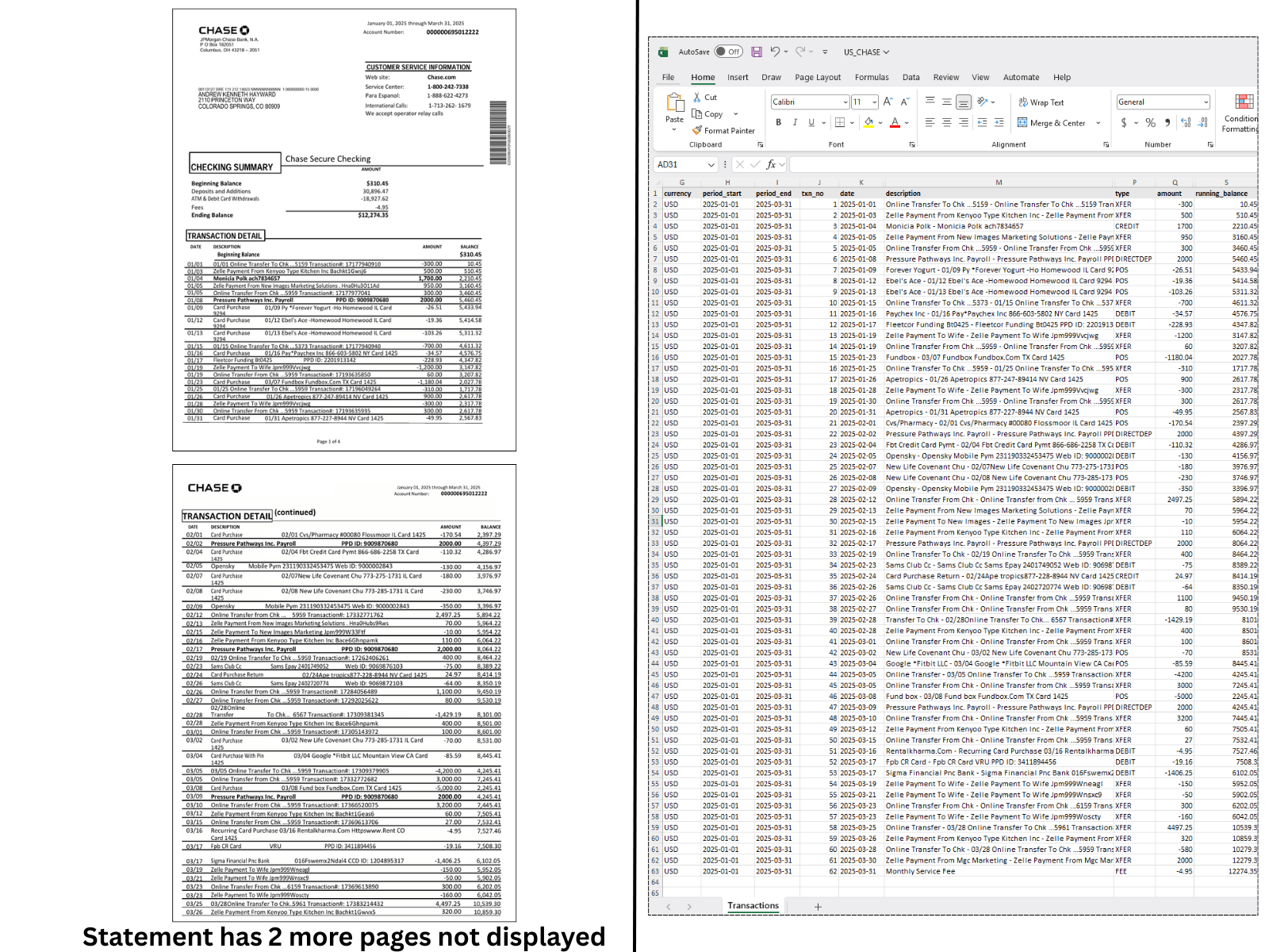 Chase bank statement converted to flat itemized Excel spreadsheet with every transaction