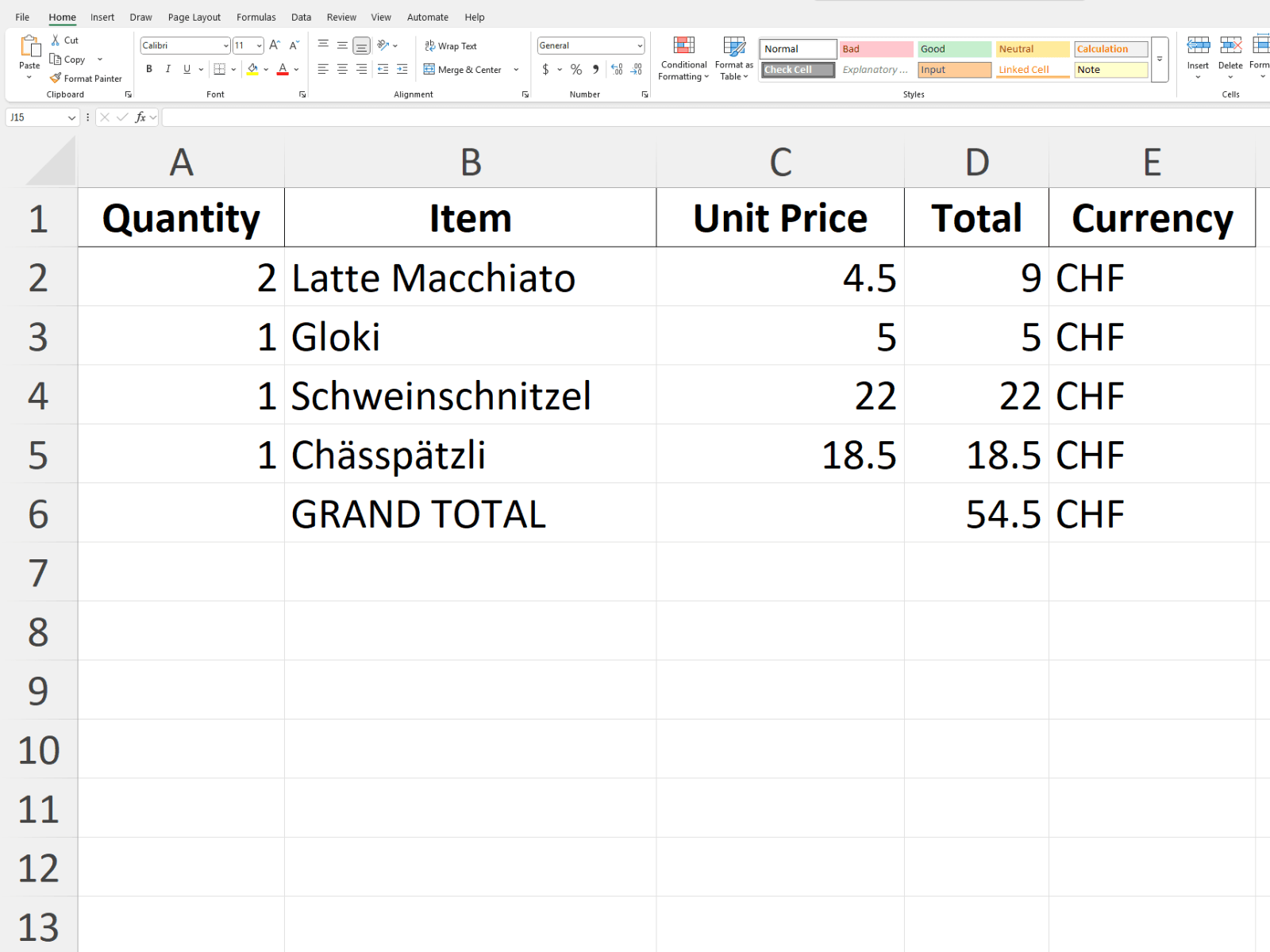 Excel output example