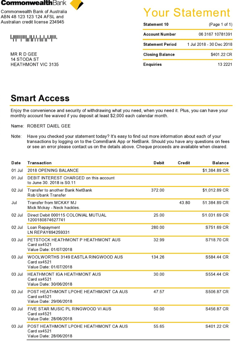 Bank statement PDF showing account transactions with dates, descriptions, debits, and credits