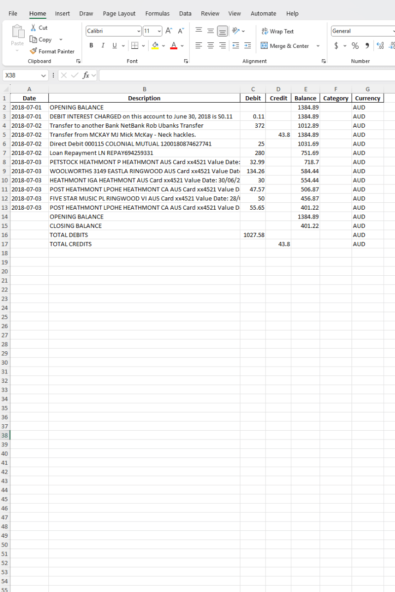 Bank statement data converted to Excel spreadsheet with organized columns for transactions, debits, credits, and balances