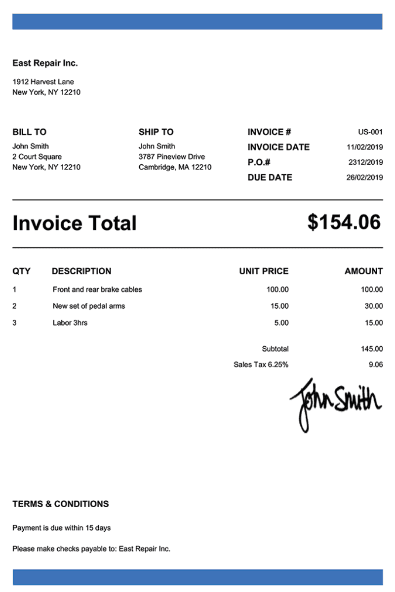 Vendor invoice PDF showing line items, quantities, prices, tax, subtotal, and total from East Repair Inc.