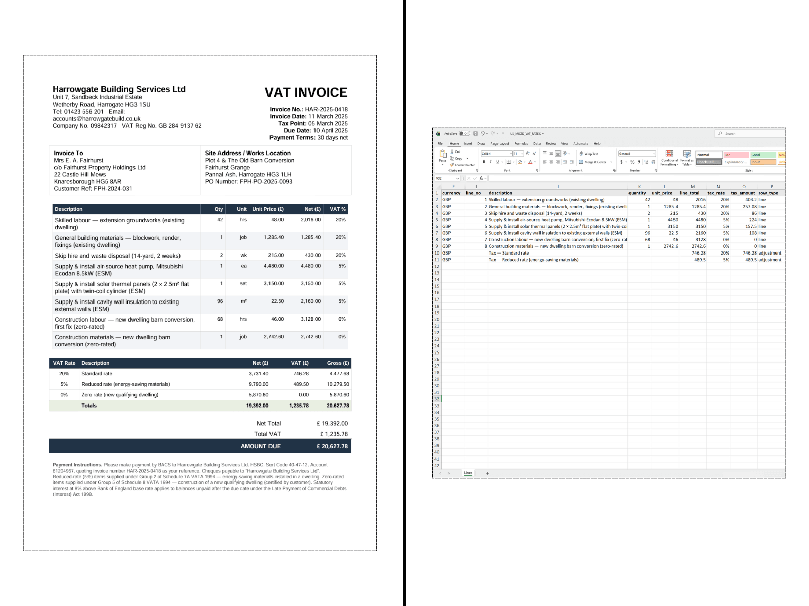 UK VAT invoice converted to flat structured Excel spreadsheet with line items and VAT breakdown