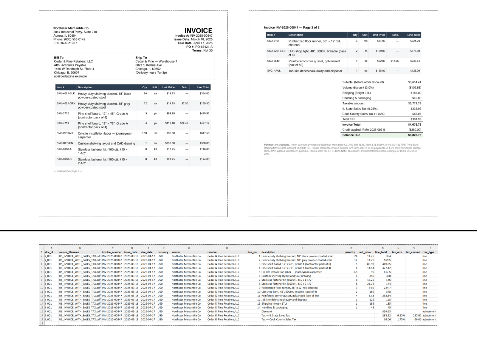 US invoice with sales tax across two pages converted to flat structured Excel spreadsheet