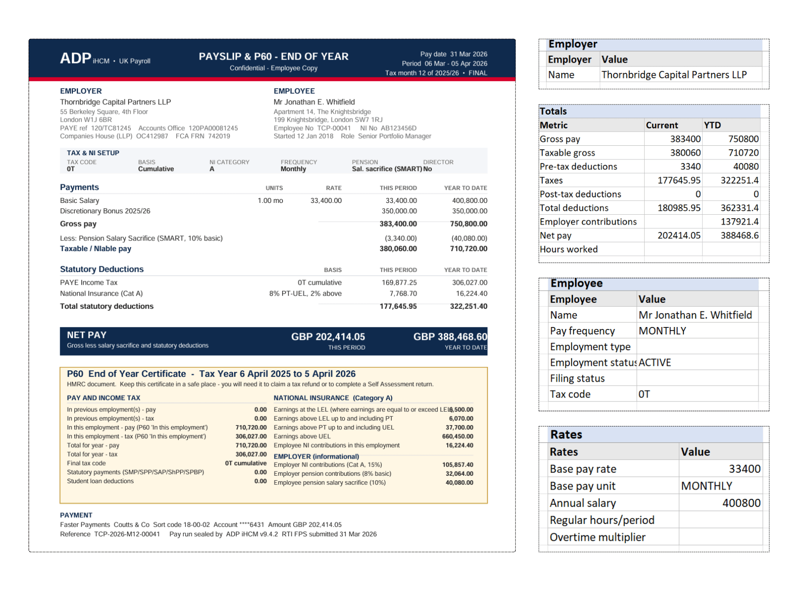UK vertical payslip converted to structured Excel with employer totals, employee data, rates and deductions