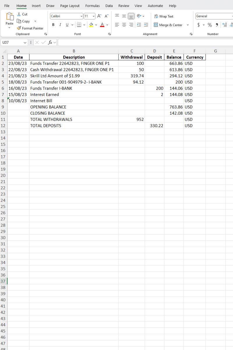 Visa transactions extracted to Excel with dates, merchants, amounts, fees, and running balance columns